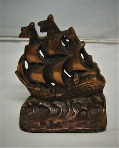 Vintage Ship In Full Sail Plated Copp Look Cast Iron Bookend Door Stop 5x4x2 