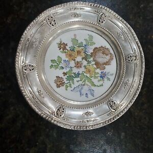 Wallace Sterling Silver Rose Point Cross Stitch Patterned Glass Plate 1934