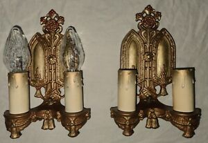 2 Antique Cast Iron Wall Gothic Sconces Light Chandelier Fixture 1930 S