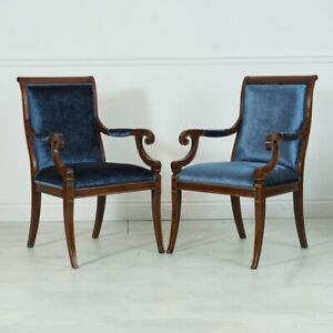 Pair Of Mahogany Regency Style Arm Chairs Hand Made Blue Velvet Fabric Gold Leaf