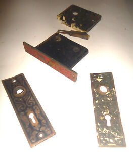 Antique Vintage Ornate Mortice Lock Narrow Brass Door Knob Plates Lot 7