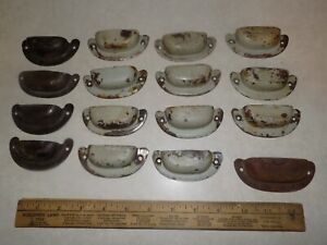 Lot Of 16 Vtg Antique Drawer Bin Pulls Cup Style Half Moon Reclaimed Hardware