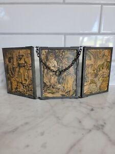Antique Tri Fold Triptych Shaving Or Travel Hanging Mirror Art Nouveau Metal 3