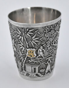 Fine Antique Figural Chinese Export Solid Silver Glass Goblet Cup