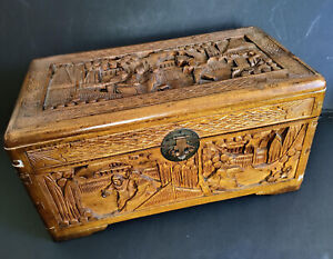 Antique Chinese Carved Camphor Wood Chest Box Trunk 14 X 7 X 8 W Orig Lock