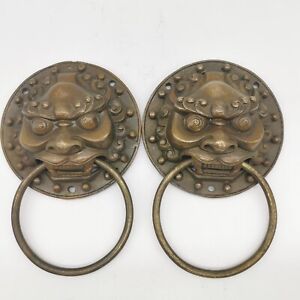 A Pair Knocker Rings Ancient Chinese Lion Head Door Pulls Brass Asian Decor