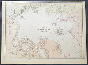 1870 John Bartholomew Large Antique Map Of North Pole Arctic Regions Canada