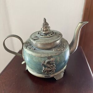 Antique Chinese Jade Hardstone Teapot Dragons Guanyin Finial Silver Metal Signed