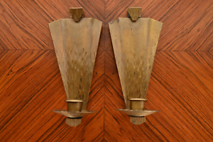 Roycroft Arts Crafts Hammered Brass Candle Wall Sconces Pair