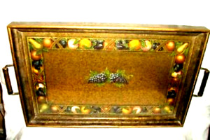 Art Deco 1920s Serving Tray Mottled Painted Frame Fruit Lithograph Antique