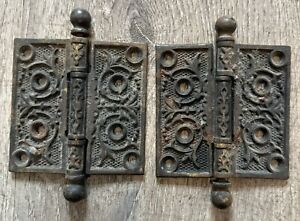 2 Vintage Antique Cast Iron Ornate Door Hinges 4 X 4 