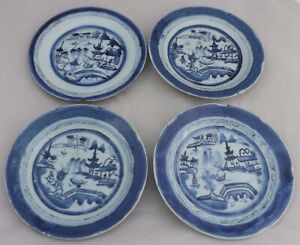 Antique Lot Of 4 Canton Chinese Export Porcelain Blue White Plates 8 5 9 Vtg