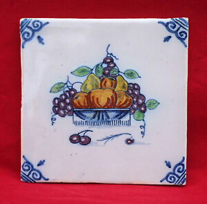 Desvres Fourmaintraux Freres French Hand Painted Faience Tile Fruit Basket 1880 