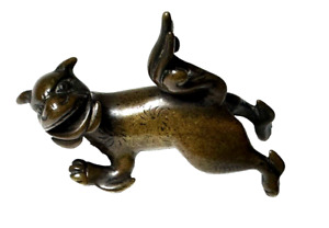 Qing 19th C Japanese Miniature Bronze Sculpture Crouching Shishi Incised Decor