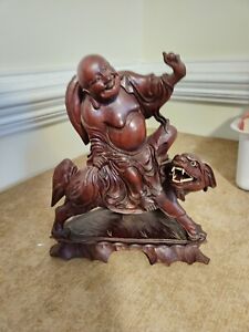 Antique Vintage Hand Carved Rosewood Buddha Riding Foo Dog Figurine