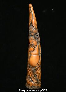 9 8 Old China Boxwood Carving Lotus Liuhai God Immortal Toad Tooth Shape Statue