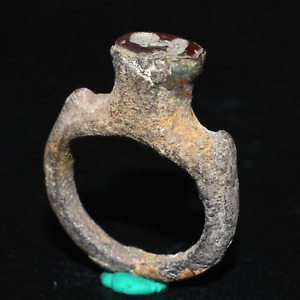 Ancient Greek Fine Bronze Ring With Carnelian Intaglio Circa 3rd 1st Century Bc