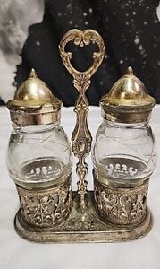 Vintage Footed Silver Plate Condiment Set Cruet Set Victorian Etched Glass