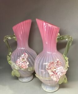 Burtles Tate Opalescent Ribbed Cranberry Vaseline Glass Ewers Pair With Flaws