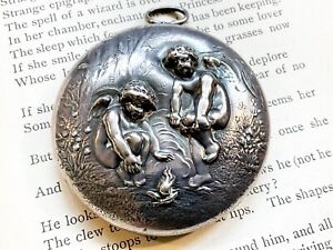 Antique Art Nouveau Unger Bros Sterling Pocket Mirror With Chilly Cupids