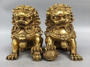 Pair 8 Brass Chinese Folk Home Fengshui Avoid Evil Spirits Beast Foo Dogs Lion