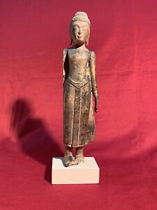Thai Antique Wood Standing Buddha Statuette 12 