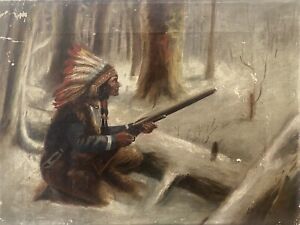  Antique Old West Native American Folk Art Indian Hunting Oil Painting 1920s