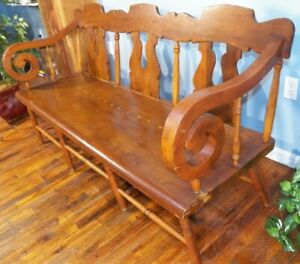 Antique Country Empire Settee Bench Wide Plank Seat Hall Porch Primitive
