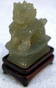 Foo Dog Temple Lion Carved From Translucent Jade With Handmade Wooden Stand