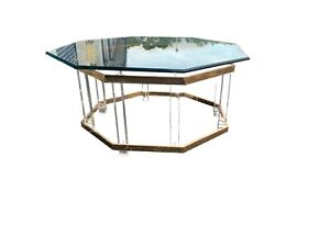 Mid Century Lucite Brass Plated And Glass Octagonal Coffee Table