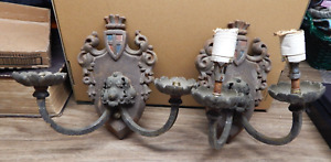 Antique Gothic Or Tudor Cast Iron Double Bulb Wall Sconces To Restore