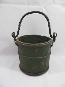 Old Vtg Antique Primitive Green Wood Metal Berry Bucket 5 