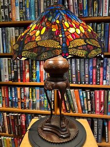Antique Tiffany Reproduction Multi Colored Dragonfly Lamp Tripod Oil Bronze Base