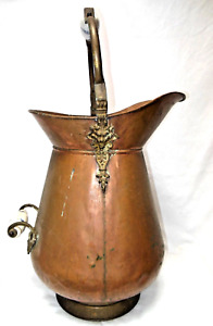 Vtg Lrg Copper Scuttle Bucket Delft Porcelain Handles Brass Lion Hinges