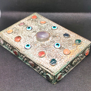 Old Antique Persian Jewelry Box Copper Inlaid Gemstones 11 X 15 Cm Height 3 Cm