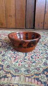 Sweet Antique Early Stoneware Pa Redware Crock Bowl Manganese Glaze 7 