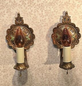 Pair 1920 S Antique Cast Iron Lighted Candle Wall Sconces Rewired