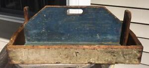 Antique Old Blue Prim Crackle Paint Wooden Handled Tool Caddy Carrier 22 5 L