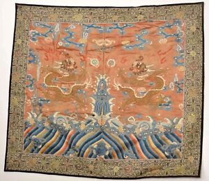 19c Chinese Brocade Silk Embroidery Gold Threads Dragon Hanging Panel Tapestry