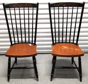 Vintage Pair Of L Hitchcock Black Harvest Stenciled Windsor Fan Maple Chairs