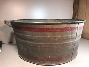 Rare Antique Primitive Large Galvanized Wash Tub W Original Red Stripes 24 