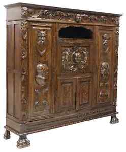Antique Bookcase Figural Spanish Renaissance Revival Carved Walnut 1800s 