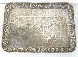 Antique Fine Turkish Or Persian Sterling Silver Tray With Figures Islamic 19th C