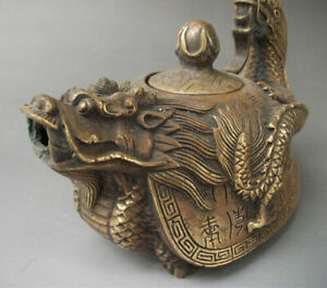 Rare Oriental Bronze Signed Carved Dragon Teapot Statues