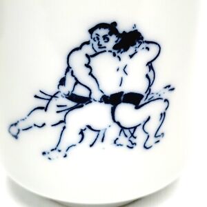 Vintage Blue White Sumo Porcelain 6 Oz 2 Sided Sencha Tea Saki Cup Hand Painted