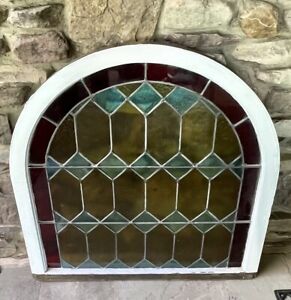 Large Antique Stained Leaded Glass Arched Church Window Early 1900s Nice Cond
