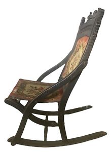 Needlepoint Tapestry Carved Wood Folding Rocker Campaign Chair Antique