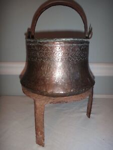 Ancient Antique Persian Copper Pot Cauldron Kettle Wrought Iron Bale On Trivet