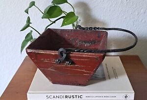 Rustic Red Dovetail Pail Small Wooden Farm Berry Basket Iron Handle Vintage