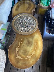 Magnificent Rare Find 1970 Kidney French Hand Painted Gilt Coffee Table